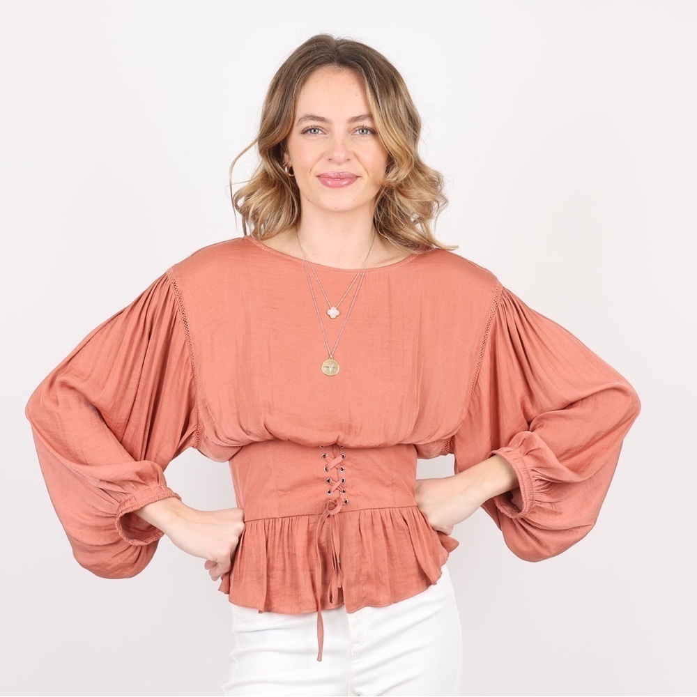 Free People Corset Blouse Top Smocked Balloon Sleeve Bohemian Texas Orange Small - Picture 5 of 11
